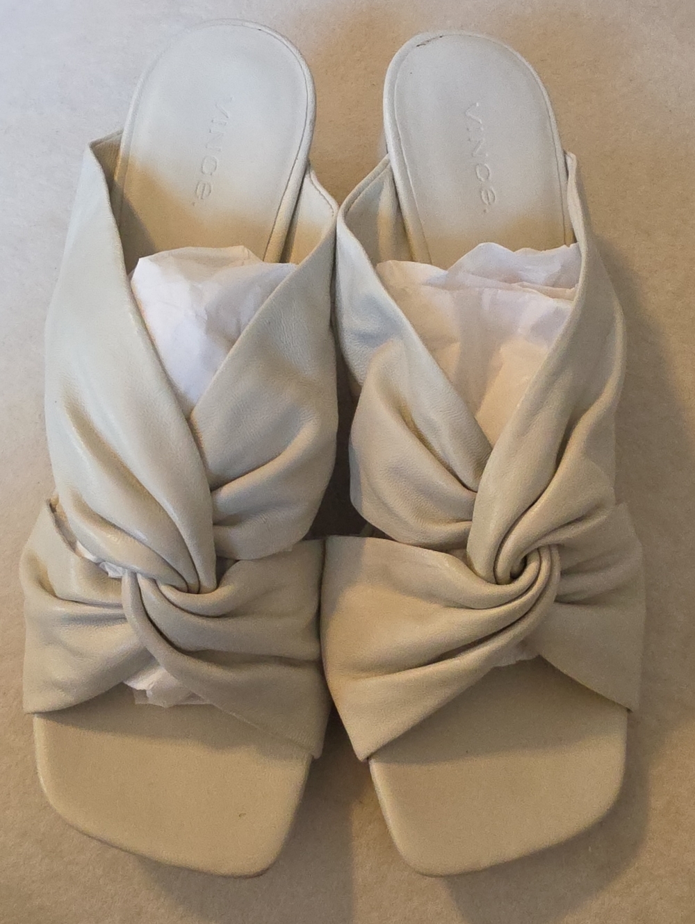 VINCE Cream Denise Twisted Knot Slide Mules W/square Heels Sz 9 EUC